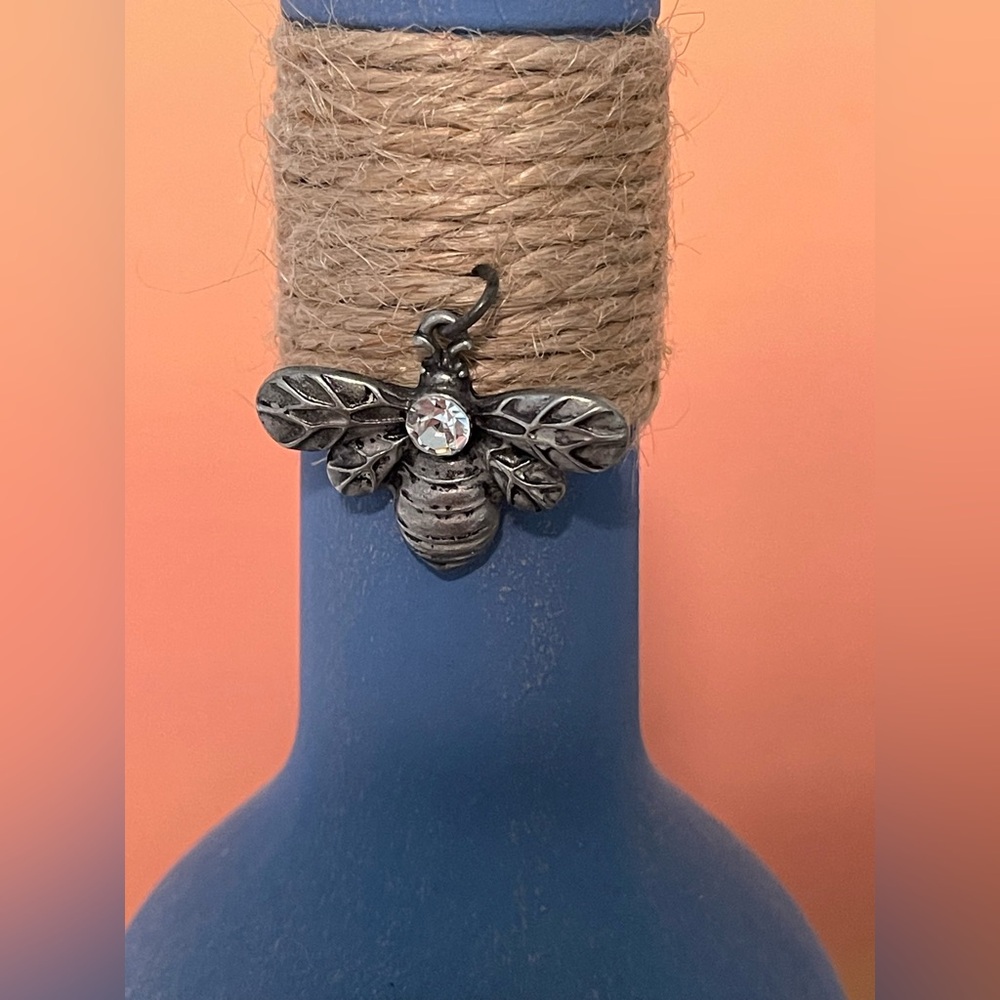Decorative Blue Denim Inspired Bottle with Flower & Bee Charm Accent - Picture 4 of 4